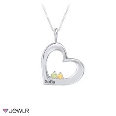 Cradled in love, this unique pendant features an engravable hearts cradling two sparkling gemstones. Personalize yours with a meaningful name and your choice of a genuine or simulated birthstones to represent you and your loved one. Your pendant will be handcrafted in sterling silver or gold and includes and a matching chain in your choice of lengths. Heart Cut Birthstone Jewelry For Keepsake, Mother's Day White Gold Pendant Birthstone Necklace, Keepsake Heart Cut Birthstone Jewelry, White Gold Heart Necklace With Birthstone As Gift, White Gold Birthstone Pendant Necklace For Mother's Day, White Gold Pendant Birthstone Necklace For Mother's Day, Personalized Heart Pendant Birthstone Necklace For Anniversary, Sterling Silver Heart-shaped Birthstone Necklace, Heart Cut Birthstone Necklace For Keepsake