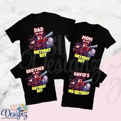 Spidey Birthday Family shirts These fun T-shirts are the perfect outfits for the whole family to wear. All details are fully customizable. Personalize with your child's name. Our shirts are made of a high quality, super soft, 100% cotton Gildan Brand Unisex Tshirts,  Check the size before ordering to insure correct size for your child. PLEASE SEE SIZE CHART. (we suggest if your unsure order one size up) All shirts are made with a commercial grade transfers. Adhered with a professional heat press Family Event Graphic Print Crew Neck Shirt, Black Tops With Graphic Print For Family Events, Family Matching Shirt With Character Print For Birthday, Birthday Black T-shirt With Cartoon Print, Spidey Birthday Party, Spidey Birthday, Birthday Family Shirts, Spidey And His Amazing Friends, Spiderman Birthday Party