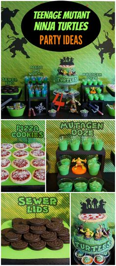 teenage mutant ninja turtles birthday party with cookies and cupcakes on the cake table