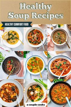 the healthy soup recipes cookbook is open and ready to be eaten on the table