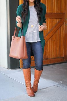 Green Cardigan and Striped Peplum Top with High Boots Outfit Details Mom Style Fall, High Boots Outfit, Striped Peplum Top, Creative Clothes, Fall Wear, Green Cardigan, Casual Work Outfits, Classic Shoes