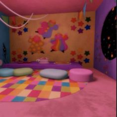 the room is decorated in bright colors and has round pillows on the floor, while stars are hanging from the ceiling