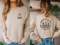 This  camp life camping sweater is the perfect gift for someone who loves nature, visiting their cottage or spending time outdoors. Wear this crewneck around the campfire, to the lake for a day of kayaking, or to cozy up in your tent. THIS LISTING IS FOR ONE ITEM ONLY. T H E   F I T  *Our Unisex Sweaters are a customer favourite - Gildan Brand made from 50% cotton, 50% polyester, these sweaters fit roomy as they are unisex. P R O D U C T I O N  &  S H I P P I N G  *Every item purchased is made t Camping Sweatshirt Ideas, Camp Sweater, Camping Sweater, Cottage Sweater, Projet Cricut, Sweatshirt Ideas, Mental Health T Shirts, Party Sweaters, Camp Life