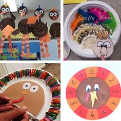 four different pictures with turkeys and other things to make it look like they are made out of paper plates