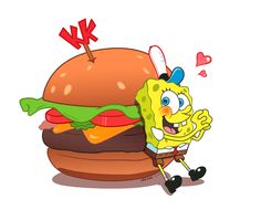 the spongebob character is standing next to a giant hamburger