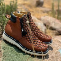 Crafted Western Cowboy Boots — In Style Sandals Brown Woven Leather Boots, Fall Boots With Woven Leather And Round Toe, Fall Woven Leather Boots With Round Toe, Fall Boots With Woven Leather, Brown Woven Leather Boots With Round Toe, Nike Boots Mens, Cowboy Boot Crafts, Adventure Shoes, Black Outfit Men