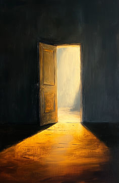 an open door in a dark room with light coming through