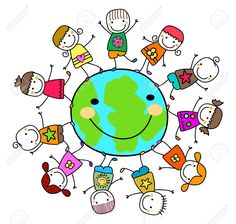 children holding hands around the earth with happy faces on it stock photo - image 3497