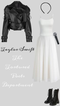 a white dress and black leather jacket with text that reads, layton & swift