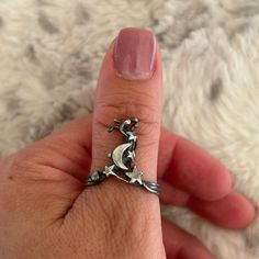 Gorgeous! Truly One Of A Kind Celestial Statement Ring Size 10 A Beautifully Crafted Ring It Features A Crescent Moon Surrounded By Stars Adjustable Celestial Star-shaped Rings, Moon Wedding Ring, Silver Star Ring, Closet Accessories, Ring Size 10, Moon Magic, Hand Crafted Jewelry, Star Ring, Moon Stars