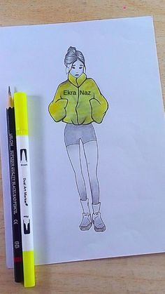 a drawing of a woman wearing a yellow jacket and gray shorts with her hands on her hips