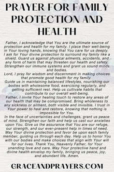 a paper with the words prayer for family protection and health