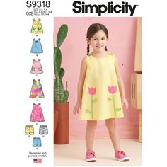 "Buy the Simplicity® Pattern CS9318 (1-2-3-4) at Michaels. Apparel Sewing Project. Pullover top and dress have forward shoulder buttons and buttonhole front closures. Simplicity Toddlers' Tent Tops, Dresses, and Shorts Sewing Pattern CS9318Apparel Sewing Project. Pullover top and dress have forward shoulder buttons and buttonhole front closures. A, B, E, F: appliqué and trim variations. C: contrasting patch pockets. F: thread loops at sides. Pull-on shorts have casing and elastic waist. H: novel Girls Tent, Toddler Tent, Sundress Sewing Patterns, Sleeve Variations, Toddler Top, Simplicity Sewing, Girls Dresses Summer, Simplicity Sewing Patterns, Sewing Pattern Sizes