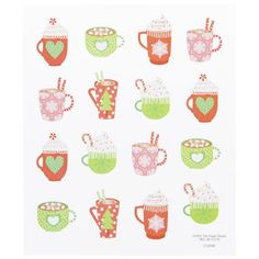 coffee cups with candy canes and hearts on them are shown in pink, green, red