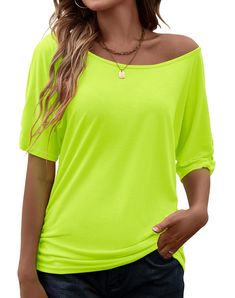 PRICES MAY VARY. This bright off-shoulder 80s shirt is sure to make you stand out in a crowd! Pair with 80s neon leggings or skirt for a look that is as beautiful and fun as your personality! Lightweight, Classic fit, Casual off the shoulder t shirts for 80s party ! Great tee shirt to a 80s party halloween costume or outfit for women ! neon green shirt 80s outfit women 80s costume women neon tops 80s Costume Women, 80s Outfits Women, 80s Crop Top, Diy Cut Shirts, Neon Leggings, Slouchy Shirt, Off Shoulder T Shirt, Off The Shoulder Tee, 2019 Outfits