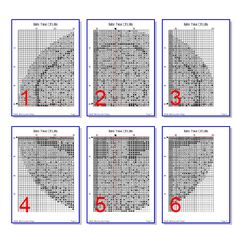 six cross stitch patterns with numbers and the number four on each side, all in red