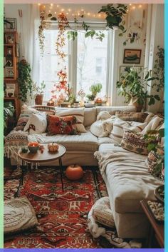 a living room filled with lots of furniture and plants on the windowsill, surrounded by potted plants