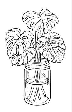 a jar with some plants in it on a white background, coloring pages for kids