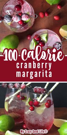 two glasses filled with cranberry margaritas and garnished with cherries