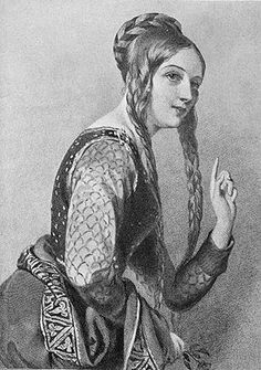 an old drawing of a woman with braids on her head and dress sitting down