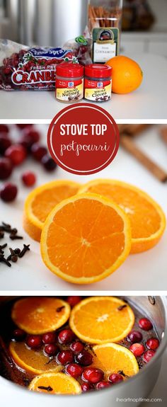 oranges and cranberries are being cooked in a pot with the words stove top pepperoni