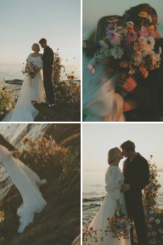 the bride and groom are posing for pictures on the cliff overlooking the ocean at sunset