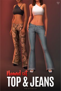 two women standing next to each other in front of a red background with the words, nomad set top and jeans