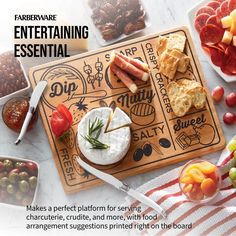 a cutting board with cheese, crackers and fruit on it that says entertaining essentials