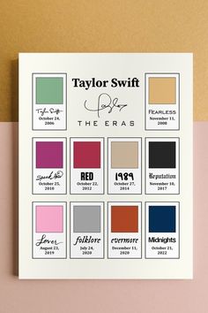 the taylor swift logo is shown on top of a white card with red, green, yellow and blue colors