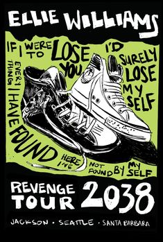 the poster for an event featuring shoes and words on black paper with neon green background