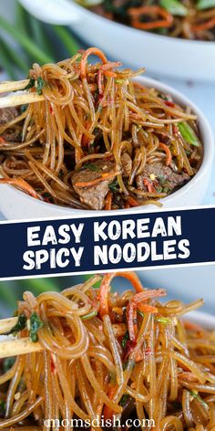 easy korean spicy noodles with chopsticks in a white bowl on a blue and white plate