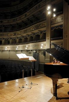 an empty stage with a grand piano in the foreground