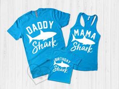 Mama Shark / Daddy Shark / Baby Shark / Matching Family ShirtsColor shown: Turquoise*For other colors: The color chart for the women's tank and unisex shirt is in the photos. For kid's shirts, color options really vary so please feel free to send a message with the SIZE(S) of the kid's shirt(s) you want and a range of colors you have in mind.*MATERIAL FOR WOMEN'S TANK TOP- 100% cotton (60% cotton and 40% polyester on size XS)- Racerback (super soft!)- Comes in sizes XS-XXL- If stuck betweens two Fun Blue Tops For Birthday, Blue Summer T-shirt For First Birthday, Blue Summer Birthday Shirt, Blue Cotton T-shirt For First Birthday, Blue Shirt For Summer Birthday, Fun Blue Top For First Birthday, Customizable Blue Tops For Family Occasions, Blue Crew Neck T-shirt For First Birthday, Blue Crew Neck Top For First Birthday