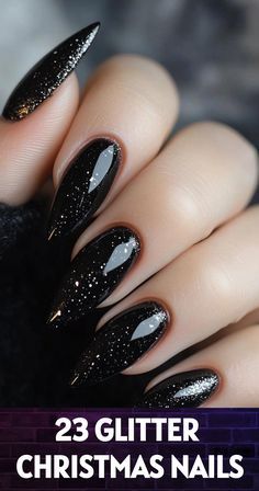 Glitter Vegas Nails, Glitter Nails Holiday, Dark Glitter Nails Sparkle, New Year's Eve Nail Designs, Black Sparkly Ombre Nails, Xmas Party Nails, New Year’s Eve Nails Design 2024, Classy Nye Nails, Cute Festive Nails