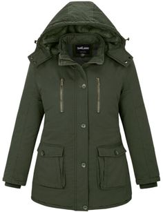 a women's parka with hood and zippers on the front, in dark green