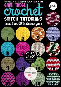 the crochet pattern is shown in different colors and sizes, with numbers on each side