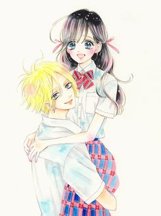 two children hugging each other in front of a white background with blue eyes and blonde hair