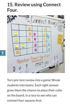 a whiteboard with sticky notes on it and the words connect four written in different languages