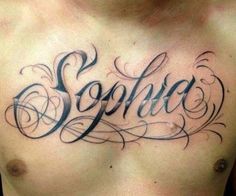 a chest tattoo with the word sophro on it