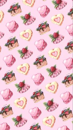 a pink wallpaper with hearts and cakes on it