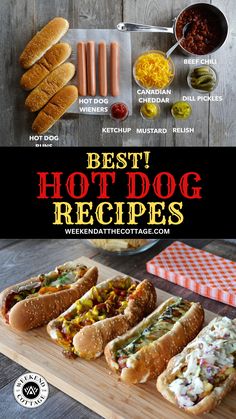 Four of our BEST HOT DOG RECIPES  plus, a second image showing all of the ingredients needed to make the chili dog version! Hot Dog Onion Sauce Recipe, Pizza Dogs, Hotdogs Recipes, Dog Meals, Dogs Recipes, Cottage Recipes, Hot Diggity Dog, Bar Snacks, Grilling Hot Dogs