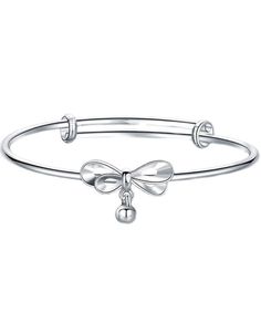 a silver bracelet with a bow on the front and a ball at the end,