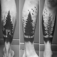 three different views of the same person's legs with trees and birds on them