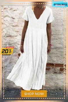 Women's Plus Size A-line Dress Midi Dress - Short Sleeves Summer V Neck Casual White Black Yellow Orange Green White Dresses Linen Solid Color V-neck Midi Dress, Solid V-neck Plain Midi Dress, Casual V-neck Plain Midi Dress, Solid Shift Dress For The Beach, Beach A-line Shift Dress, White Shift Dress Solid Color, Solid Shift Dress For Vacation, Beach Shift Dress, Plain Spring Vacation Dresses