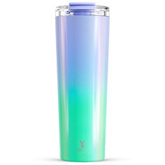 thermos tumbler cup with lid is shown in blue and green ombre