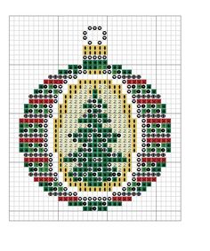 a cross - stitch christmas ornament is shown in green, red and yellow