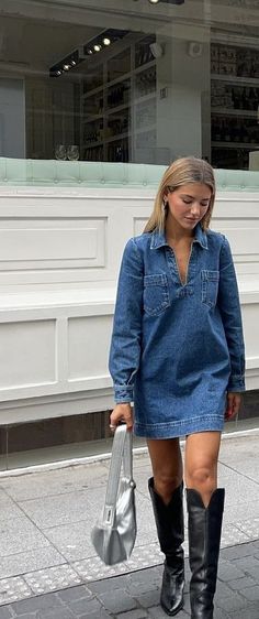 Sezane Denim Dress, Jan 2024 Outfits, Call Winery Outfit, Cozy Fall Outfits 2023, Denim Dress Cowboy Boots, 30 Year Old Outfits, Maximalist Fall Outfits, Jean Shirt Outfits For Women, Anthropology Outfits