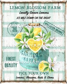 a lemon blossom farm sign with flowers and leaves