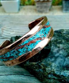 "* Turquoise and Coral Inlay Copper Bracelet. * Polished and Shiny. Waxed Finished. Other your finish will be done by the request. Please contact. * Lacquered will be done by the request. * 0.5\" and 0.75\" Wide Choice. Please mark your wide on the option. * Mark your wrist size on the option. Special Tight or Loose Looks will be done by the request. Leave it on the Note." Turquoise And Coral, Turquoise Bracelet Cuff, Turquoise Cuff, Turquoise Rings, Copper Bracelet, Granada, V Shape, Cuff Bracelet, Cuff Bracelets