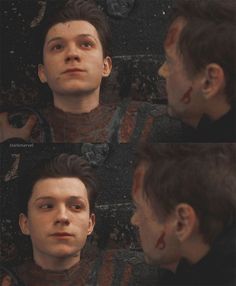 four different shots of a man with blood on his face and neck, looking up at the camera